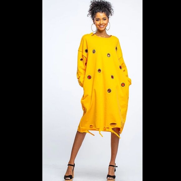 DISTRESSED MIDI LENGTH DRESS WITH RING DETAIL(COTTON100%) - Picture 1 of 1